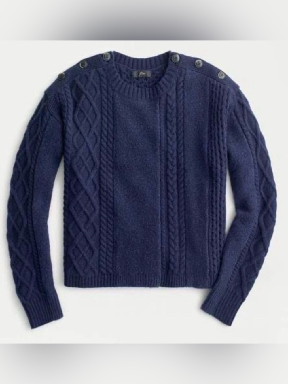 J. Crew Navy Cable-Knit Crewneck Sweater with Shoulder Buttons
